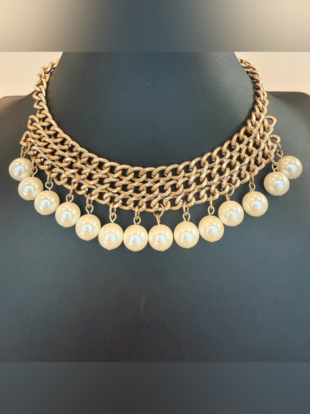Chain Mail Curb Link Choker Bib Necklace with Pearl Drops Gold Tone